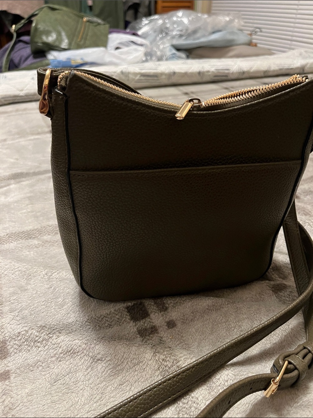 Olive Green Crossbody Shoulder Bag with Gold Hardware zipper a new day